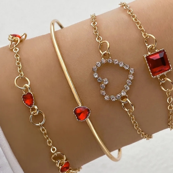 Jewelry - Elegant Gold and Red Heart Bracelet Set Of 5 Pieces